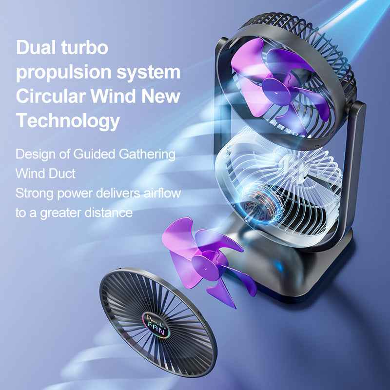 Purple Dual-Head Desk Fan - USB Rechargeable Portable Air Circulator
