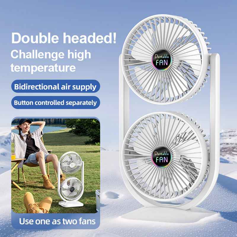 Purple Dual-Head Desk Fan - USB Rechargeable Portable Air Circulator